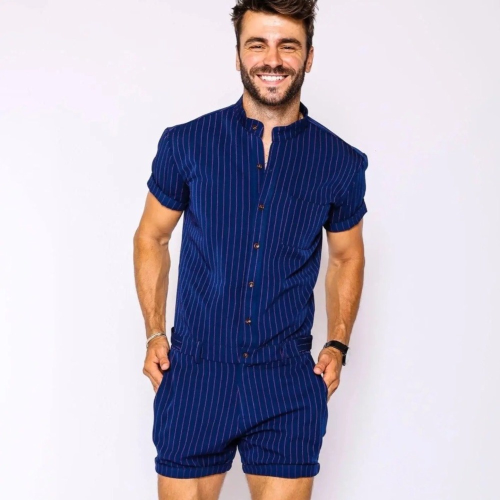 Romperjack Navy Chateaux Romper Blue Pink Pinstripe Short Sleeve Mens XXL